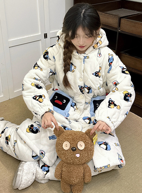 侘町2025新款pingu睡袍三层夹棉睡衣女秋冬款加绒加厚冬季家居服