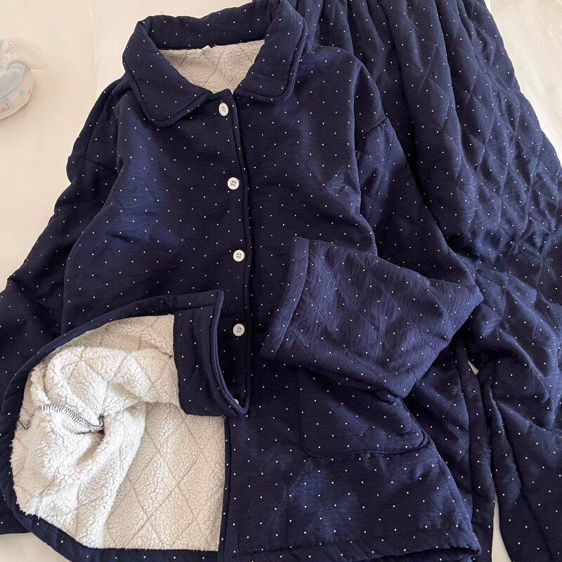 侘町睡衣女款2025新款空气夹棉保暖冬季可外穿深蓝波点简约家居服