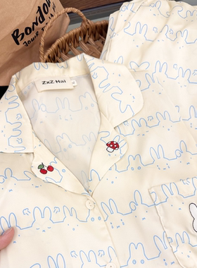 侘町2026年新款淡蓝米菲表情卡通睡衣女夏季薄款冰丝家居服可外穿