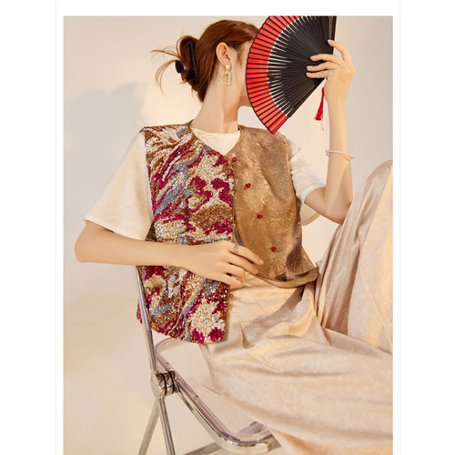 2025秋装新款 轻奢新中式国风重工亮片刺绣人丝时尚马甲背心女装