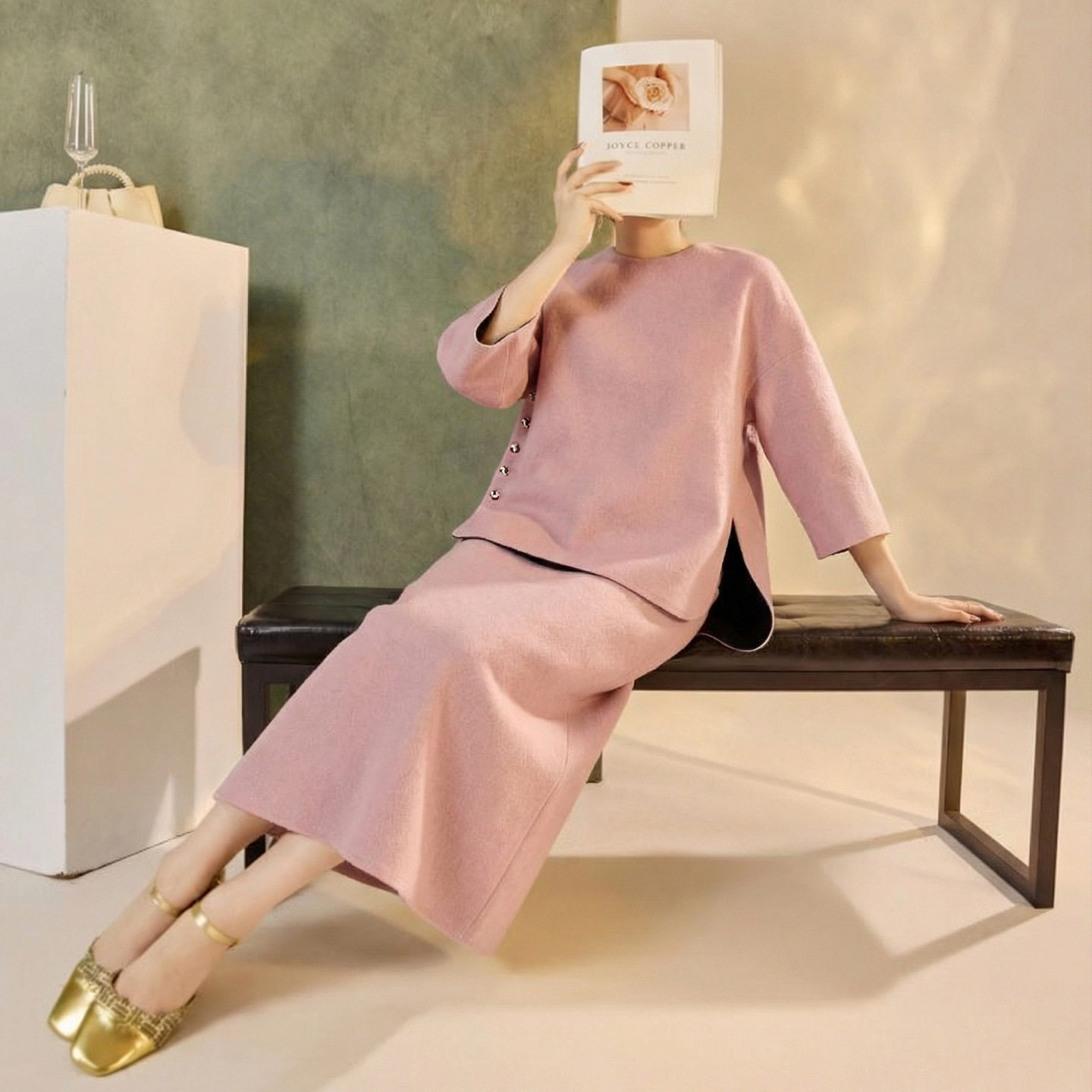 2025冬装新款 轻奢新中式国风斜襟粉色羊毛呢上衣纯色半裙套装