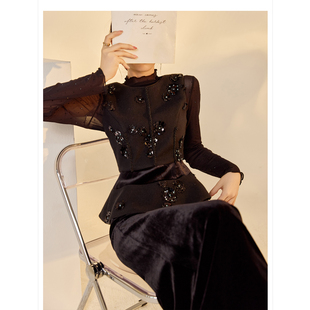 2025秋冬装新款 轻奢新中式国风高端珠绣收腰黑呢无袖背心上衣