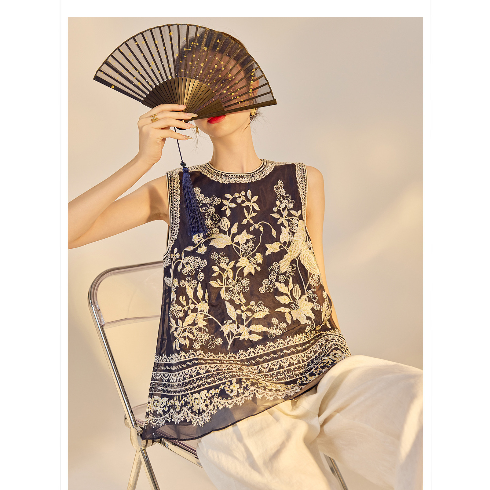 2025夏装新款 轻奢新中式国风重工钉珠刺绣100%桑蚕丝马甲背心