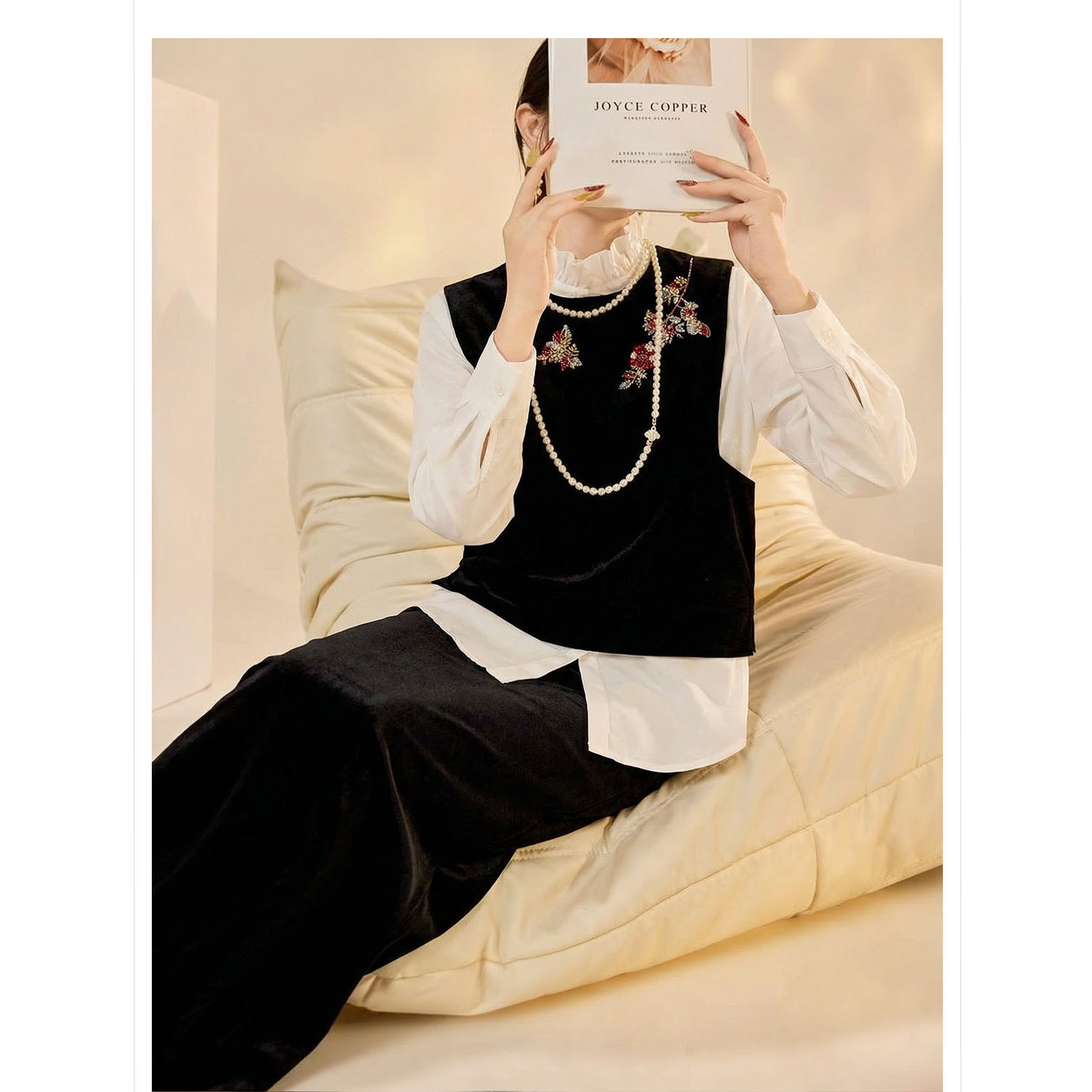 2026春装新款 新中式重工钉珠珠绣黑色丝绒马甲白色衬衫半裙套装