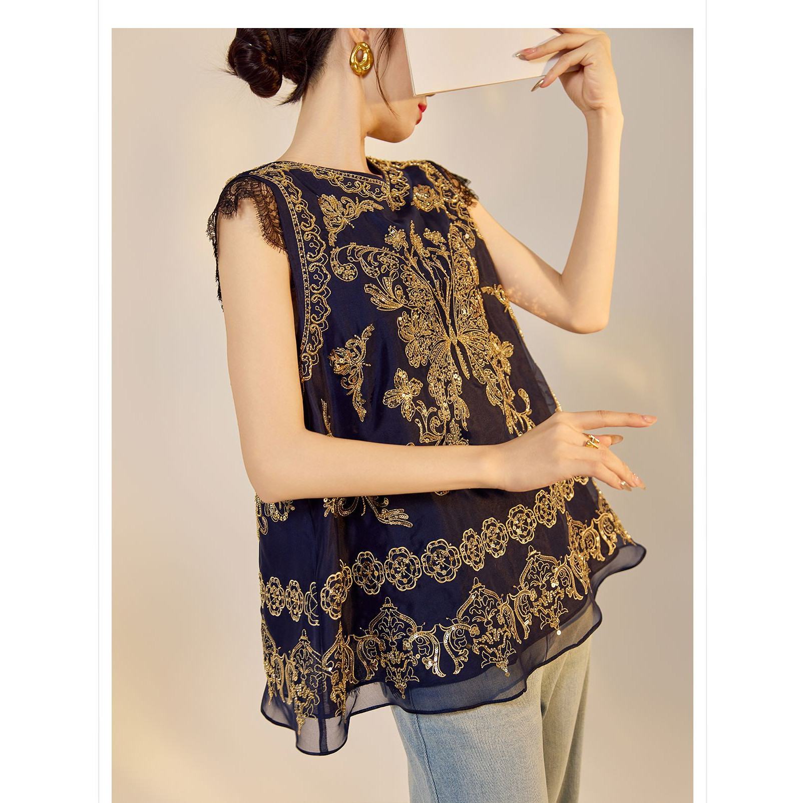 2025夏装新款 轻奢新中式国风重工黑金蝴蝶刺绣桑蚕丝马甲背心