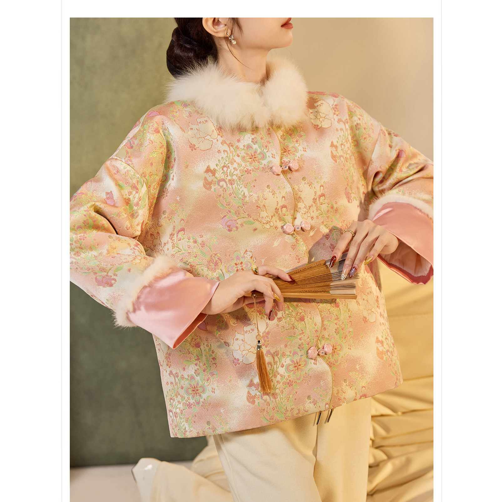 中式国风提花狐狸毛领羽绒服外套