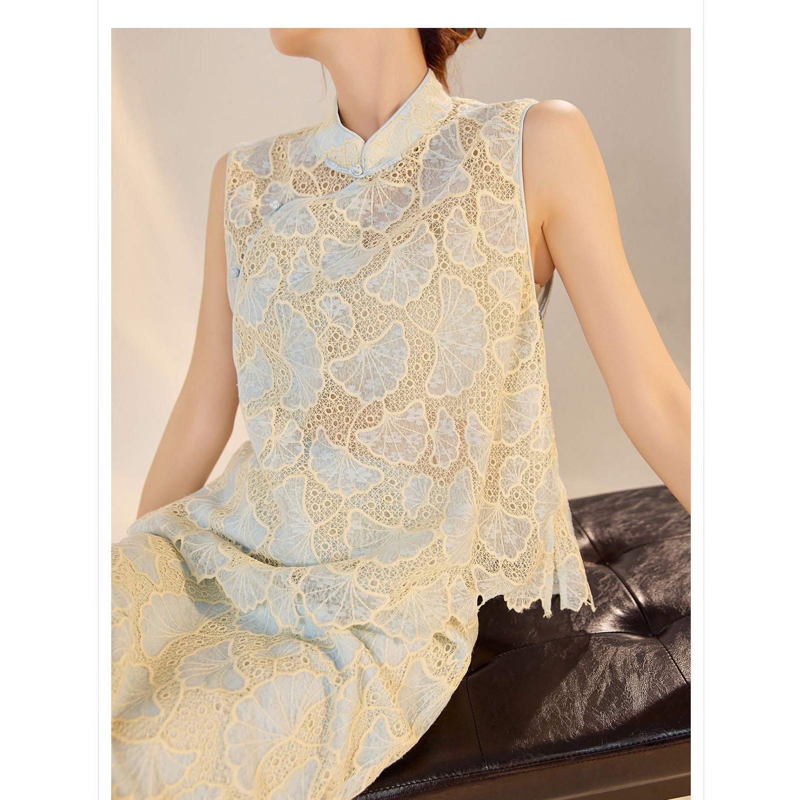 2025秋装新款 轻奢新中式高端国风刺绣斜襟花边马甲上衣长裙套装