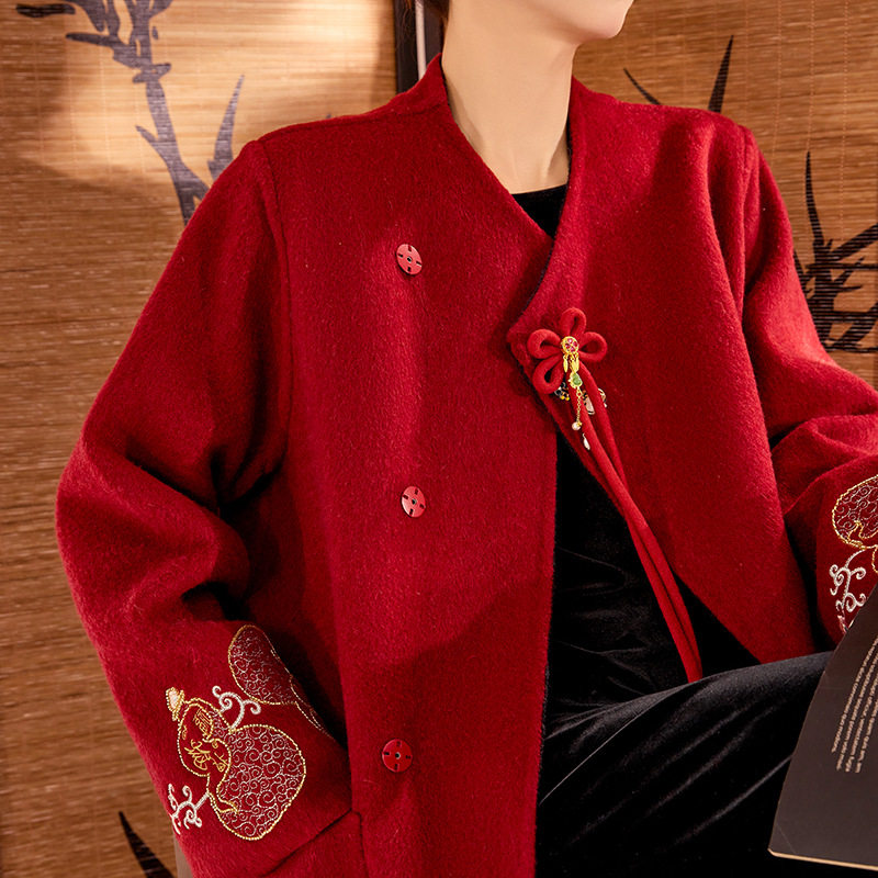 2025冬装新款 轻奢新中式国风高端刺绣羊毛呢长款大衣外套 双面穿
