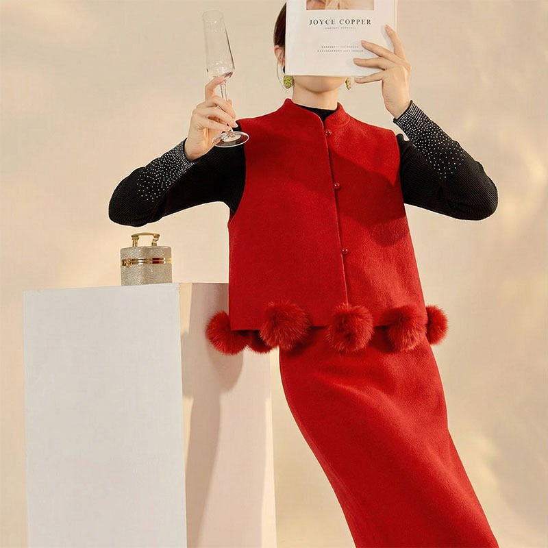 2026早春新款 轻奢新中式国风时尚红色羊毛双面呢马甲半身裙套装