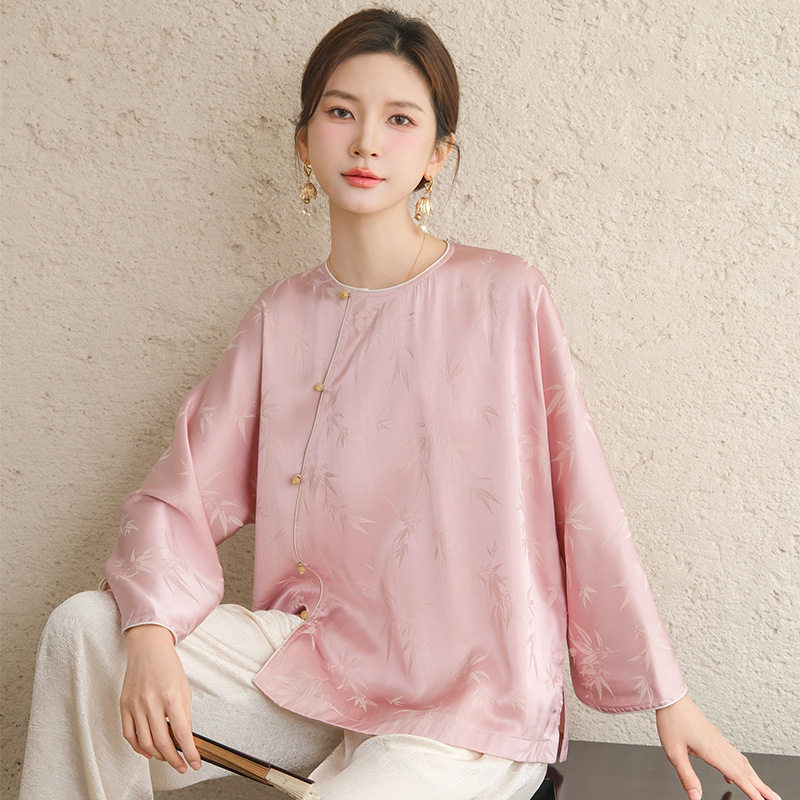 2025春装新款 新中式斜襟提花粉色长袖改良唐装上衣女衬衫 禅茶服