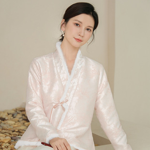 2025冬装新款 新中式提花真毛领改良唐装汉服棉服棉衣外套茶艺师