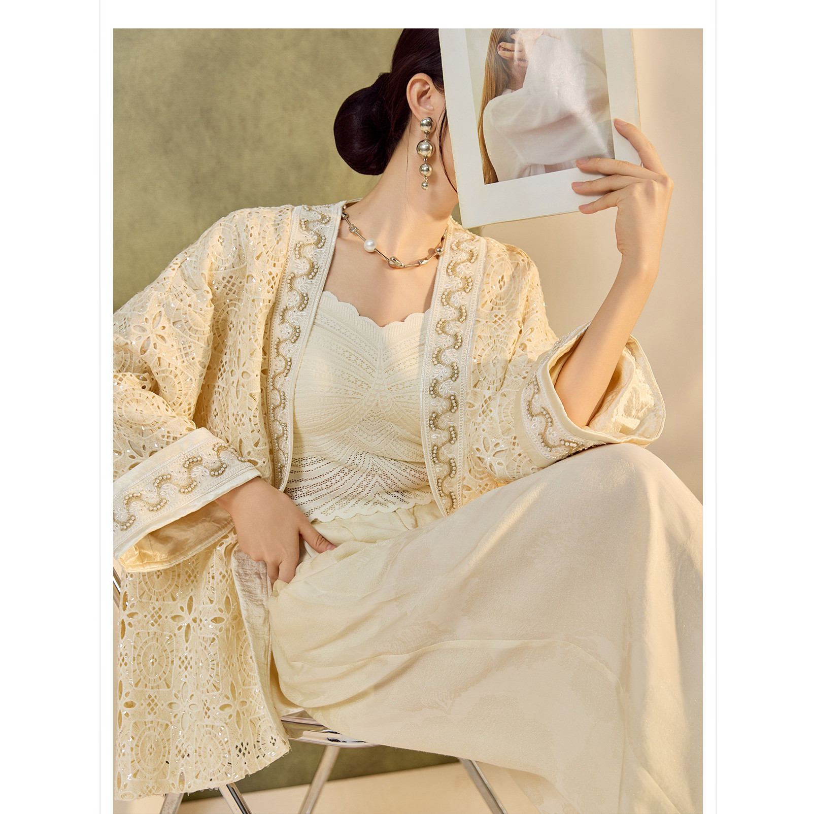 2026春装新款 轻奢新中式重工钉珠长袖镂空蕾丝开衫外套上衣