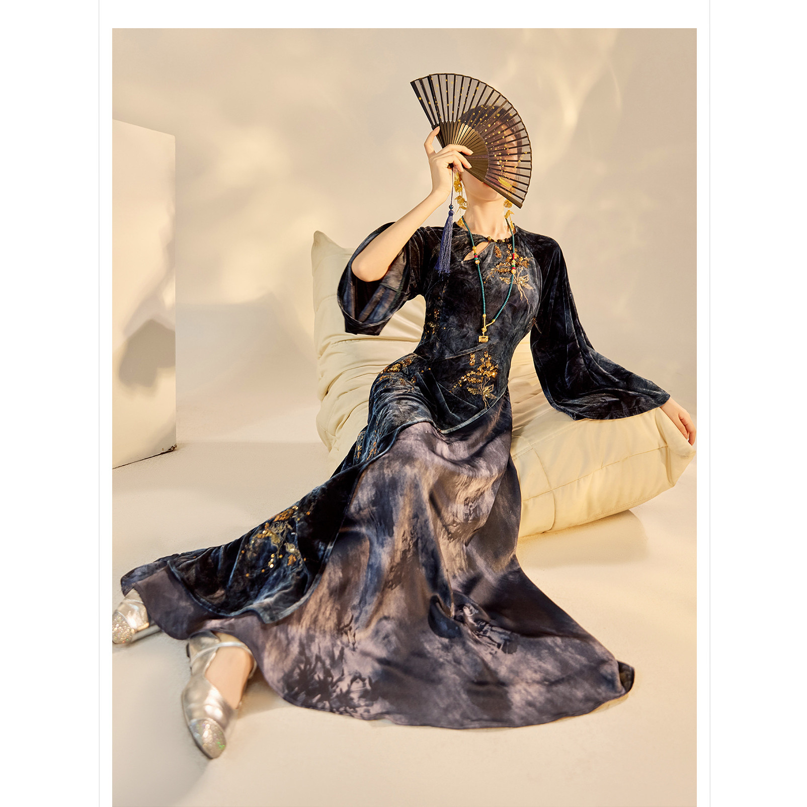 2026春装新款新中式国风重工亮片钉珠刺绣丝绒长袖旗袍连衣裙长裙