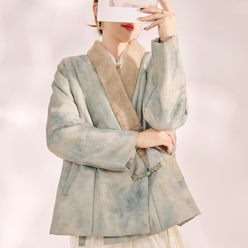 新中式毛毛V领拼接人丝服外套