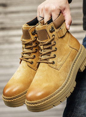 户外马丁靴男士真皮休闲鞋高帮磨砂潮流厚底加绒工装鞋大黄靴复古