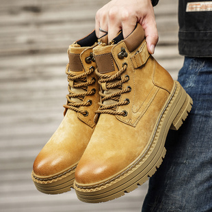 户外马丁靴男士真皮休闲鞋高帮磨砂潮流厚底加绒工装鞋大黄靴复古