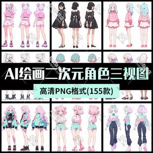 二次元角色三视图设定图游戏动漫人物设计素材原画AI绘画参考图片