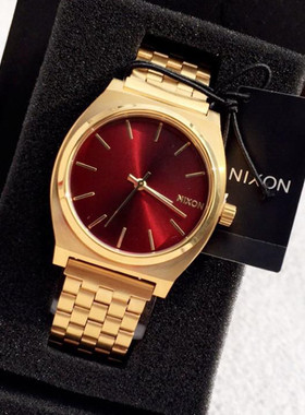 正品Nixon尼克松简约复古时尚方形酒红色金色经典欧美石英男手表