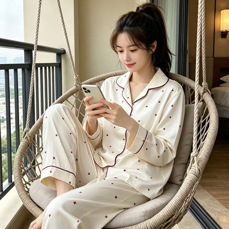 冰丝长袖睡衣加肥加大码宽松女春夏薄款星星印花高级感家居服套装