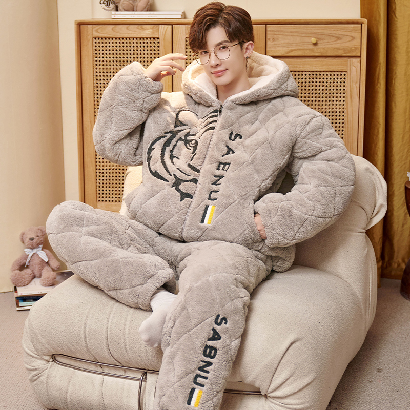 2025新款男士三层夹棉珊瑚绒睡衣