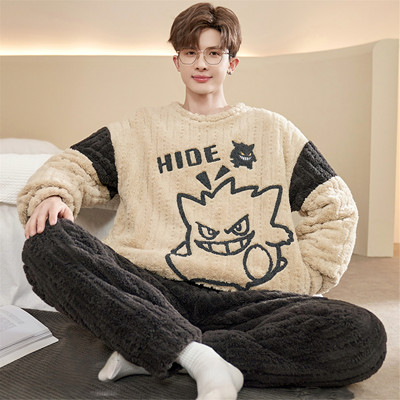 加厚珊瑚绒卡通圆领青年长袖睡衣