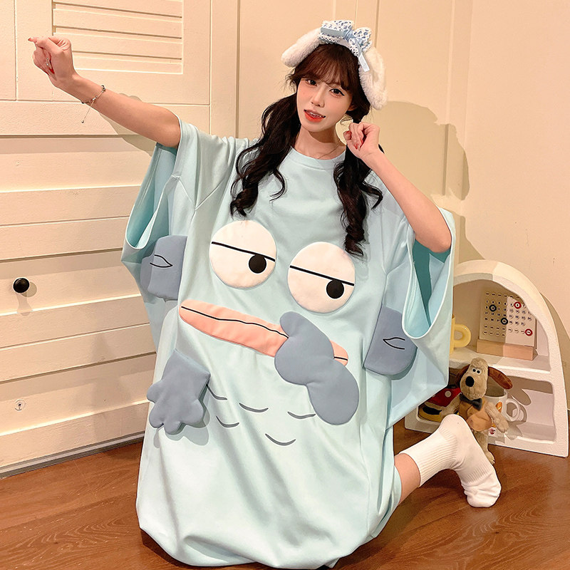 丑鱼搞怪睡裙女夏季薄款短袖蝙蝠袖连衣裙宽松大码胖mm家居服睡衣