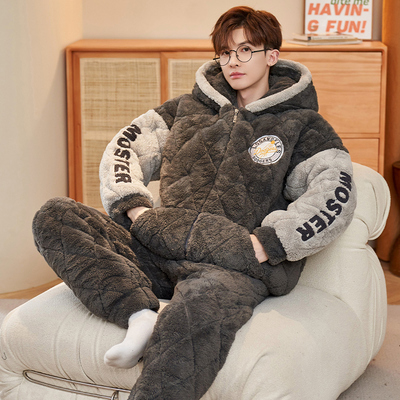 超厚珊瑚绒夹棉睡衣男士冬季