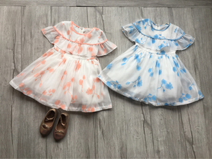 品牌童装夏季女童花朵欧根纱短袖连衣裙荷叶领公主裙蓬蓬裙子