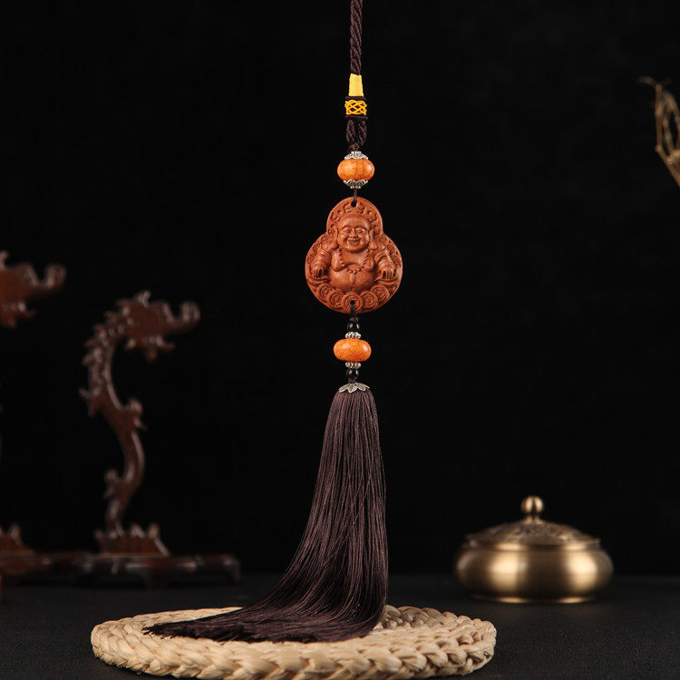 汽车挂件车内后视镜车用高档车载弥勒佛观音桃木手工流苏平安吊饰