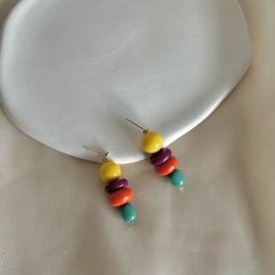 枝头爆米花 童趣复古红黄绿配色彩色拼珠耳环耳钉