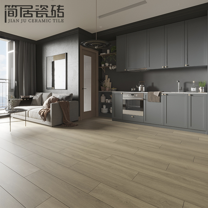 轻奢风咖色全瓷直边木纹地砖瓷砖 客厅卧室房间地板砖200*1200