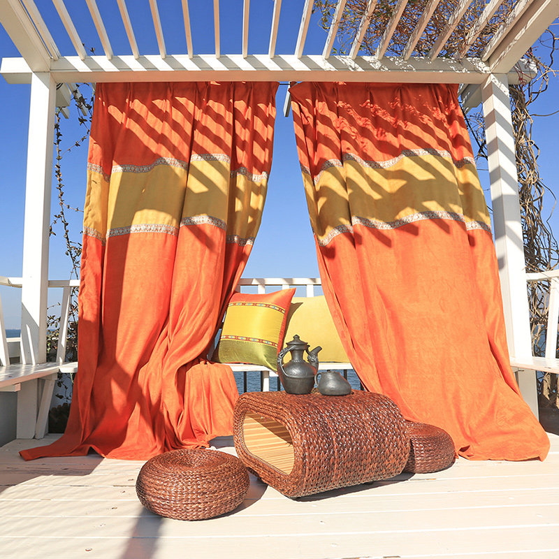 美物特原创设计高档定制麂皮绒遮光窗帘客厅卧室橙色花边布艺成品