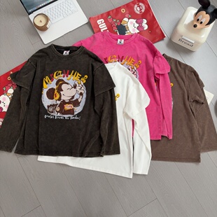 纸袋家秋冬新款印花音乐米仔假两件长袖09081全棉炒雪花T恤衫