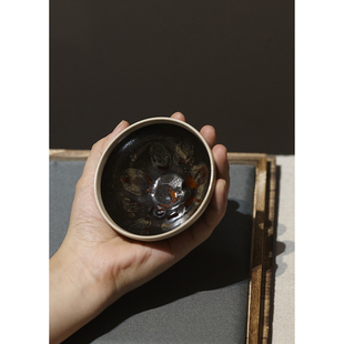 吉州窑原矿古法黑釉白覆轮玳瑁洒釉主人碗盏 约100ml