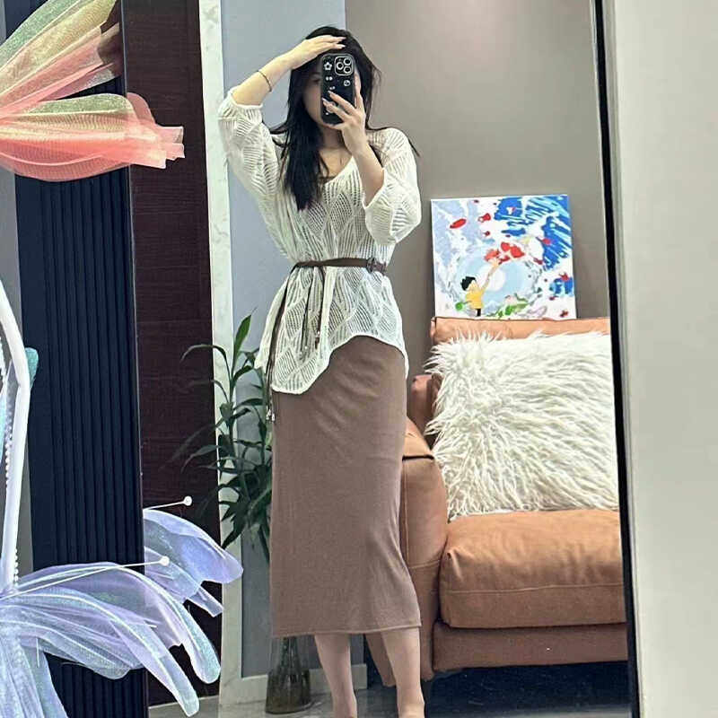 小香风镂空针织衫套装女夏季新款宽松长袖罩衫吊带包臀裙两件套潮