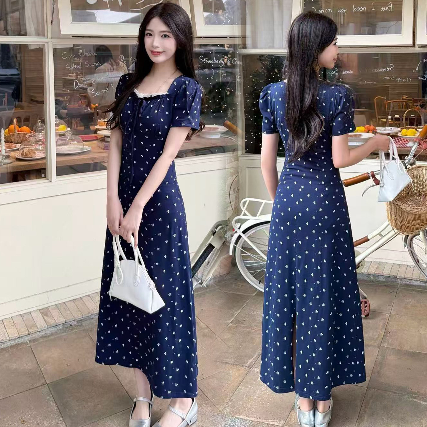 蝴蝶结方领碎花连衣裙小仙女2026夏季新款蕾丝花边装饰中长款裙子