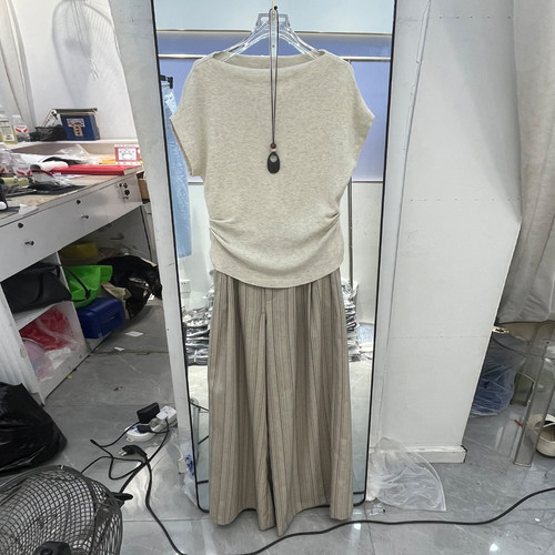 夏季条纹阔腿裤针织衫两件套女