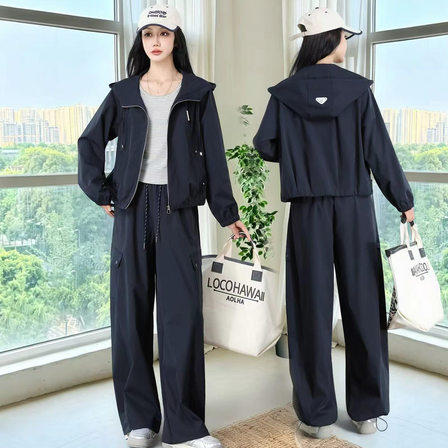 秋季女工装连帽阔腿三件套