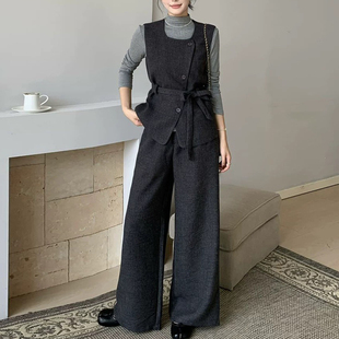 针织衫 套裤 阔脚裤 新款 潮 三件套仙女一整套设计感秋季 不规则马甲