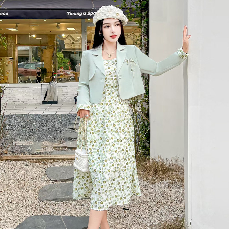 2023小香风小西装碎花连衣裙套装