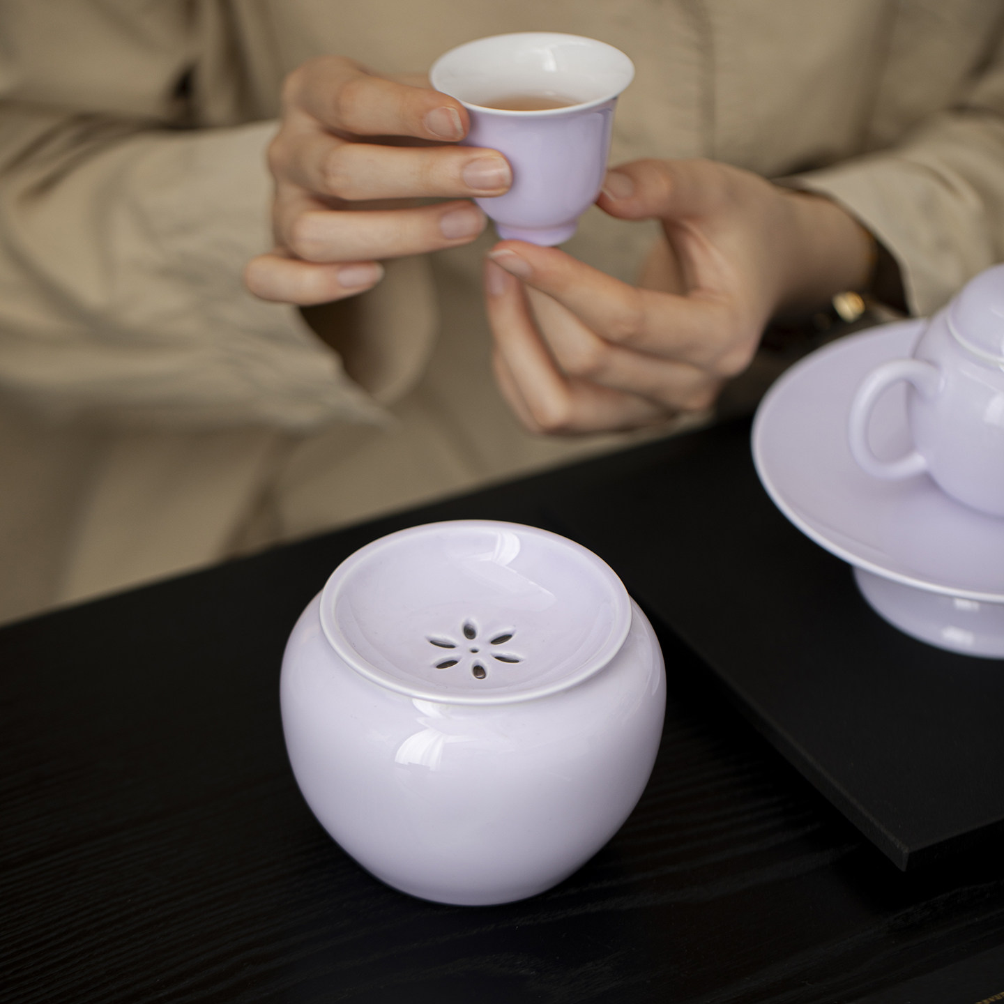 紫色陶瓷建水茶洗茶渣筒水盂茶盂带盖家用茶道茶具配件水洗废水缸