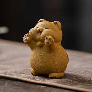 赵永辉紫砂一定红小橘猫咪茶宠摆件精品可养可爱招财小猫手工茶玩