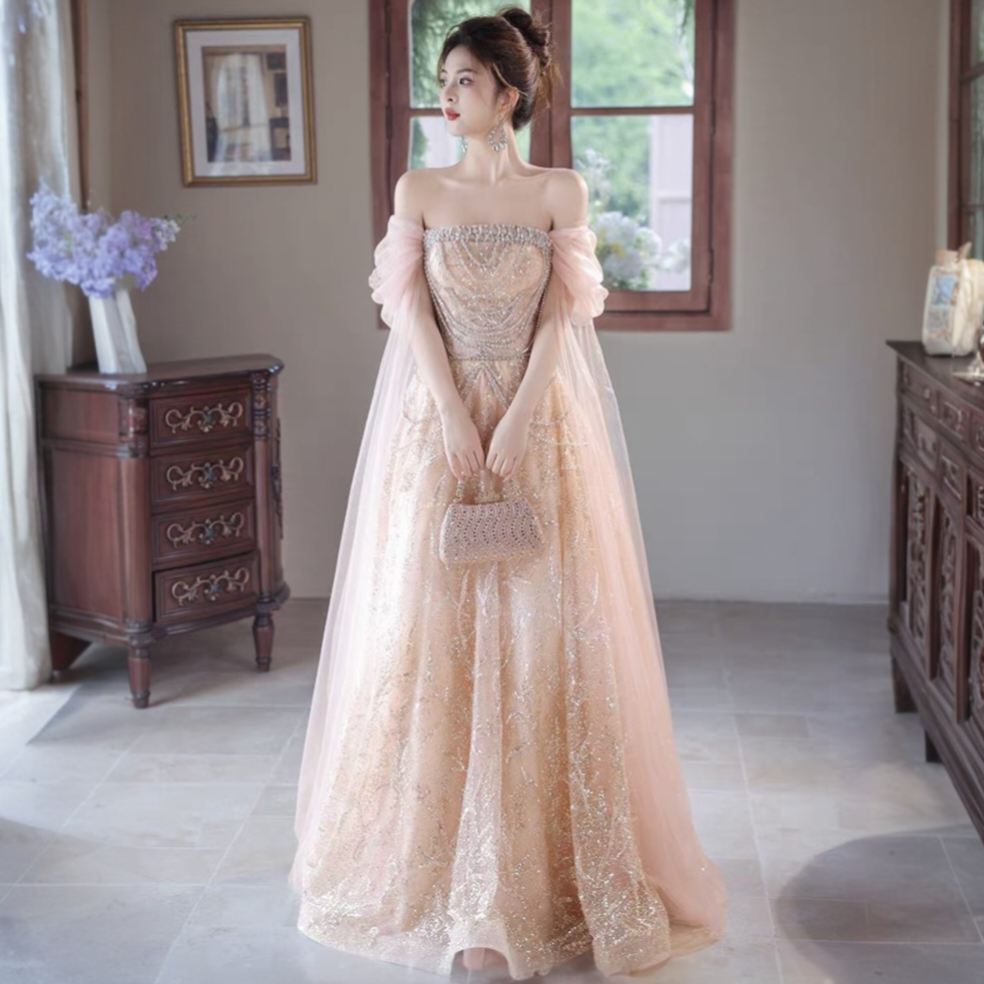 粉色晚礼服裙女2026新款高级感高端轻奢小众婚纱法式成人订婚敬酒