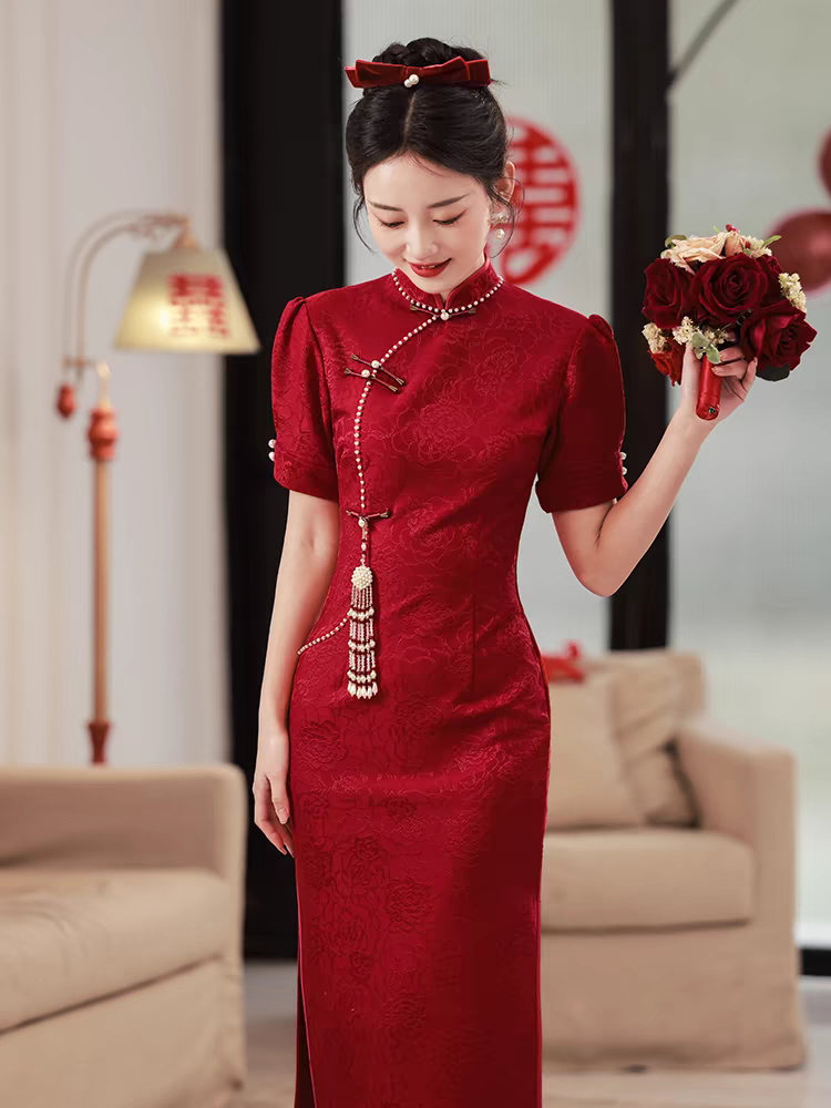 旗袍敬酒服红色中式结婚小个子改良年轻款订婚礼服夏季显瘦新娘女