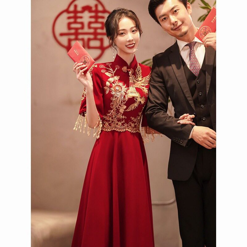 敬酒服2025新款中式旗袍新娘夏季酒红色结婚订婚晚礼服裙女高级感