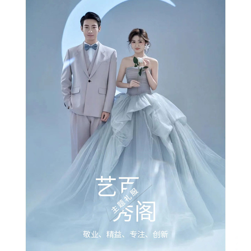 吊带主婚纱影灰色优雅婚纱