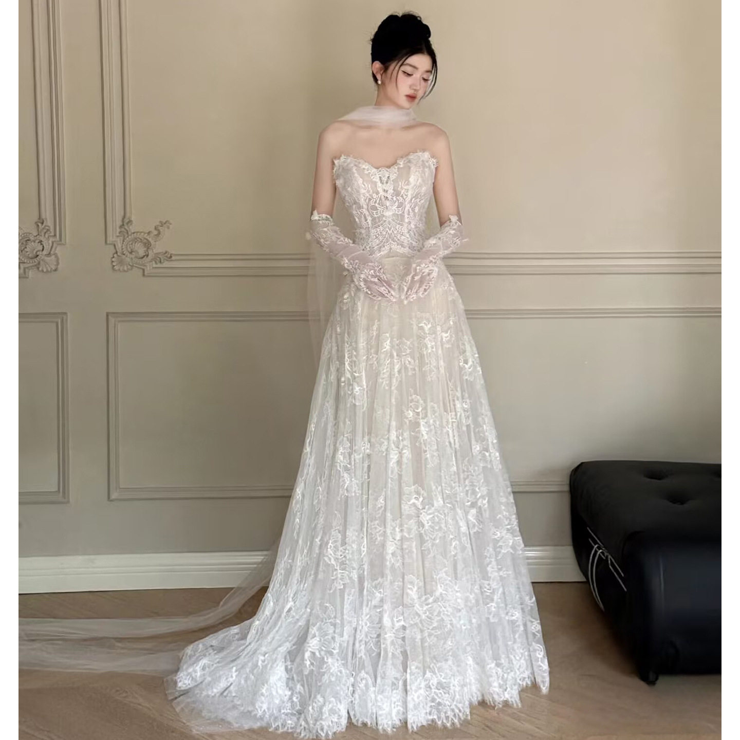 轻婚纱蕾丝抹胸法式高级感森系婚礼新娘结婚订婚礼服裙迎宾出门纱