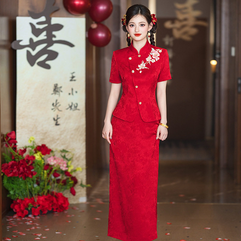 新中式订婚礼服裙高级感红色旗袍敬酒服新娘夏季回门宴会结婚套装