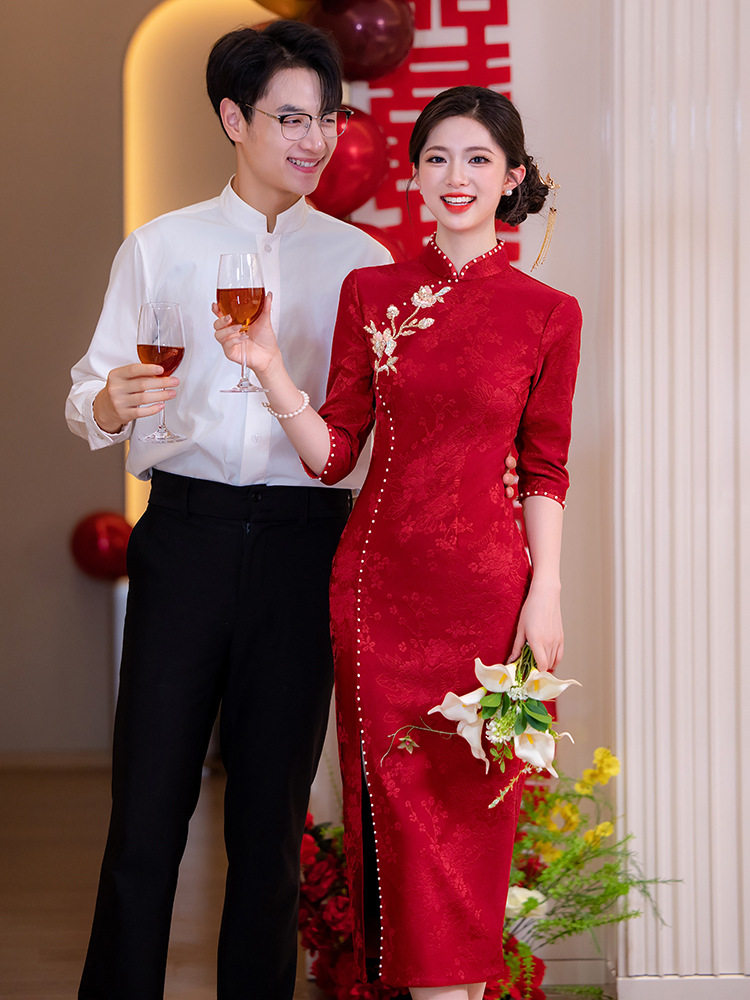 新中式国风改良旗袍敬酒服新娘回门服结婚订婚礼服气质鱼尾连衣裙