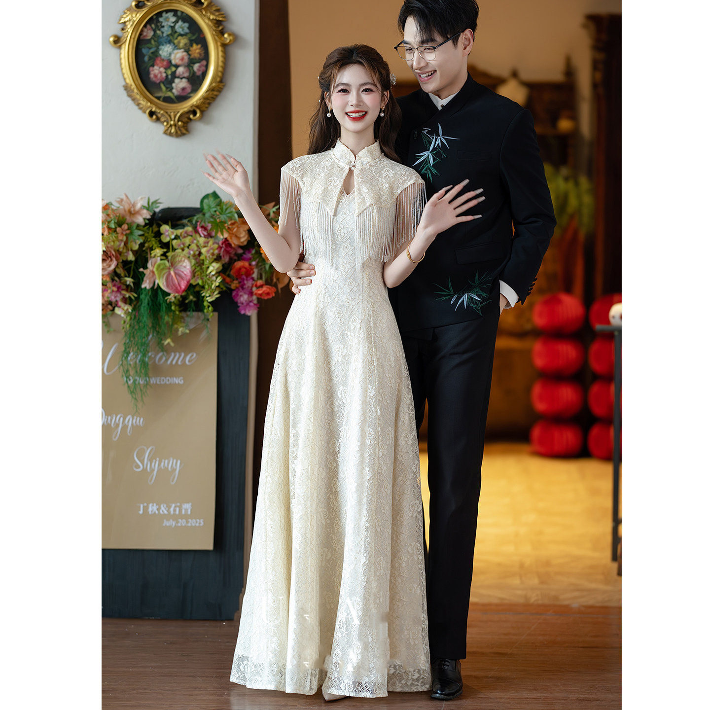 新中式香槟色披肩旗袍敬酒服新娘订婚礼服登记领证连衣裙平时穿夏